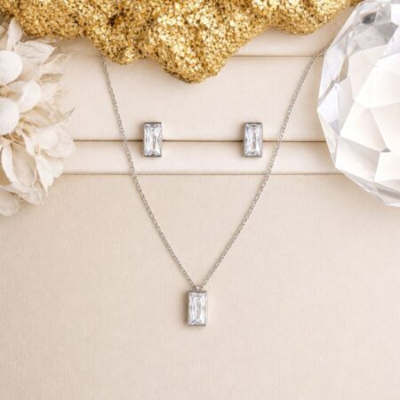 Conjunto rodio dijes y aros de circonita rectangular